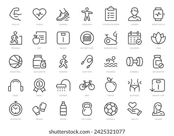 Conjunto de iconos de línea delgada de fitness. fitness, deporte, gimnasio, cardio, running, dieta editable icono de trazo. Vector