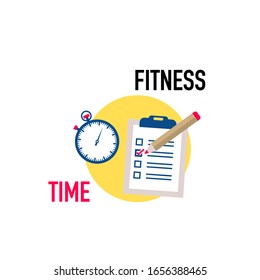 Fitness time icon, Poster, Web Site Like Test, Pencil and Stopwatch. Vector illustration.