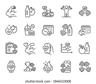 Fitness time line icons. Bike Workout, Strong Muscle Arm, Gym fit dumbbell. Training analysis, Workout plan and Cardio exercise line icons. Dumbbell sport equipment, Healthy food, Muscle. Vector