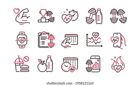 Fitness time line icons. Bike Workout, Strong Muscle Arm, Gym fit dumbbell. Training analysis, Workout plan and Cardio exercise line icons. Dumbbell sport equipment, Healthy food, Muscle. Vector