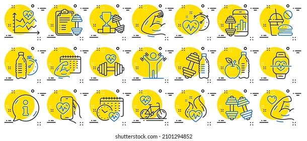 Fitness time line icons. Bike Workout, Strong Muscle Arm, Gym fit dumbbell. Training analysis, Workout plan and Cardio exercise line icons. Dumbbell sport equipment, Healthy food, Muscle. Vector