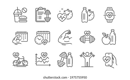 Fitness Time Line Icons. Strong Muscle Arm, Bike Workout, Gym Fit Dumbbell. Training Analysis, Workout Plan And Cardio Exercise Line Icons. Dumbbell Sport Equipment, Healthy Food, Muscle. Vector