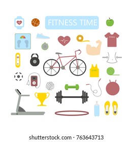 Fitness time set. Sport equipment and clothing and food.