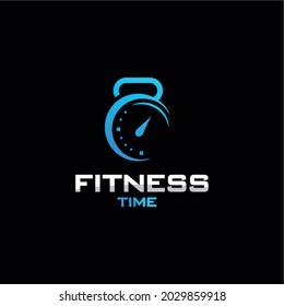 fitness time. fitness time vector logo. clock and kettlebell icon combination.