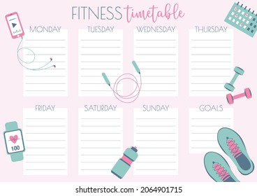 Horario de puesta en forma. Plantilla de programación semanal. Ilustración vectorial. Fitness, notas, para hacer lista. Ilustración vectorial. Diseño plano.