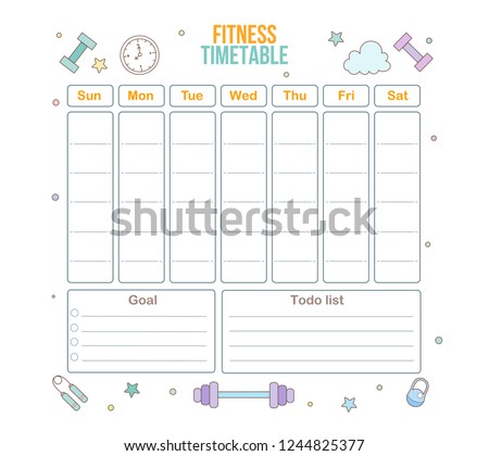 Fitness timetable. Weekly schedule template. Vector illustration. Flat design.
