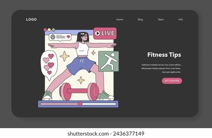 Fitness Tips theme. Interactive live workouts and health guidance on social media. Exercise routines, well-being promotion, active living. Flat vector illustration