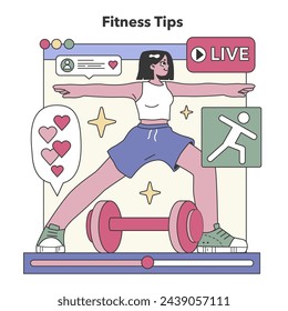 Fitness Tips theme. Interactive live workouts and health guidance on social media. Exercise routines, well-being promotion, active living. Flat vector illustration