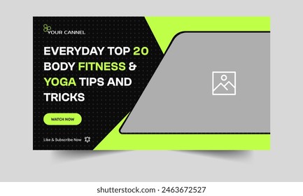 Fitness tips and tricks video cover banner design, daily yoga and body fitness video thumbnail banner design, fully editable vector eps 10 file format