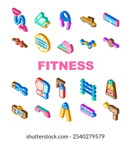 fitness tool dumbbell kettlebell icons set vector. barbell resistanceband, jumprope yoga, mat foamroller, medicineball pullup fitness tool dumbbell kettlebell isometric sign illustrations