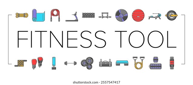 fitness tool dumbbell kettlebell icons set vector. treadmill barbell, resistance band jump rope, yoga mat, foam roller, medicine ball fitness tool dumbbell kettlebell color line illustrations