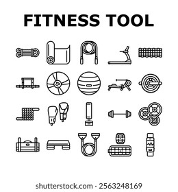 fitness tool dumbbell kettlebell icons set vector. treadmill barbell, resistance band jump rope, yoga mat, foam roller, medicine ball fitness tool dumbbell kettlebell black contour illustrations