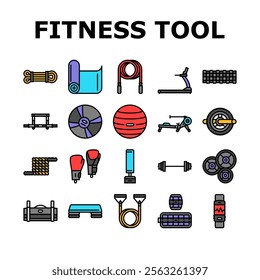 fitness tool dumbbell kettlebell icons set vector. treadmill barbell, resistance band jump rope, yoga mat, foam roller, medicine ball fitness tool dumbbell kettlebell color line illustrations