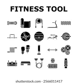 fitness tool dumbbell kettlebell icons set vector. treadmill barbell, resistance band jump rope, yoga mat, foam roller, medicine ball fitness tool dumbbell kettlebell glyph pictogram Illustrations