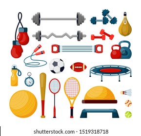 Herramientas de fitness conjunto de ilustraciones vectoriales planas. Diversas pelotas y accesorios para levantamiento de pesas. Actividades deportivas, bodybuilding, paquete de equipamiento de gimnasio. Trampoline, cuerda de salto y pera de boxeo con guantes