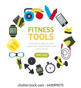 Fitness Tools Round Design Template Banner Card Clothing and Equipment for Sport Flat Design Style. Vector illustration