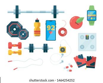 Fitness top view. Sport equipment for training gym clothes dumbbells scales vector flat pictures. Illustration of fitness equipment, gym training, sport weight dumbbell