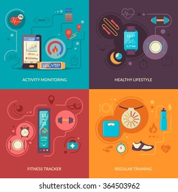 Fitness tracker 2x2 design concept set with healthy lifestyle regular physical training and activity monitoring icons vector illustration 