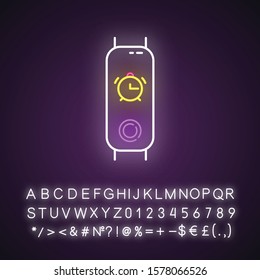 Fitness tracker with alarm clock function neon light icon. Wellness device with waking up option, digital wakeup reminder. Glowing sign with alphabet, numbers and symbols. Vector isolated illustration