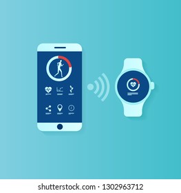 Fitness tracker app concept. Vector of user interface for smartwatch and smartphone being synchronized 