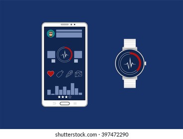 Fitness tracker app graphic user interface for smartwatch and smartphone. Symbols, graph and icons for the application. Eps10 vector illustration. Round smart watch