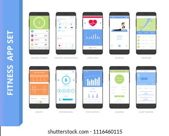 Fitness tracker app interface set.
Mobile phones with sport application screen. Sport and diet concept. Sleep, weight, calories, exercise tracking. Flat vector illustration. 