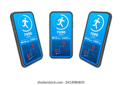 Fitness Tracker App Interface Vector Illustration Displaying Steps, Heart Rate, and Calorie Count on a Smartphone Screen
