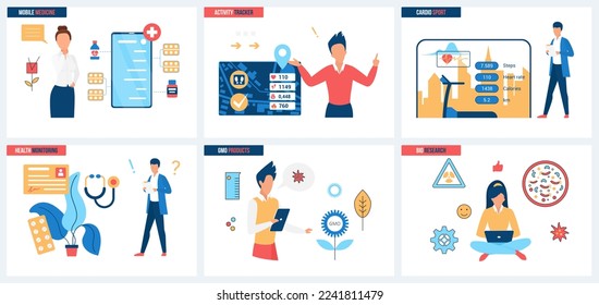 Fitness tracker app, physical activity, cardio training and health monitoring, research on GMO products set vector illustration. Cartoon tiny people plan workout connecting online applications