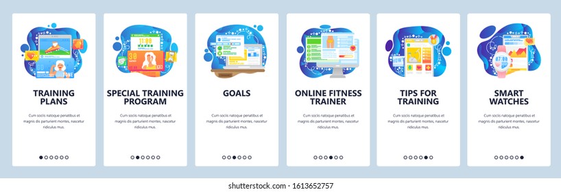 Fitness tracker app, sport training plan in mobile phone, fitness gadget. Mobile app onboarding screens. Menu vector banner template for website and mobile development. Web site design flat