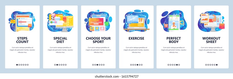 Fitness tracker app, sport wearable mobile gadget, online training plan. Mobile app onboarding screens. Menu vector banner template for website and mobile development. Web site design flat