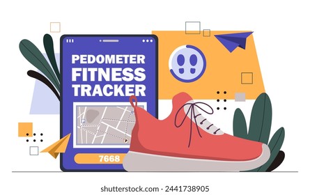 Fitness tracker application concept. Active lifestyle and sports. Fitness and workout. Information and statistics for marathon runner. Map with running route. Cartoon flat vector illustration