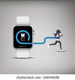 Fitness tracker application for smart watch concept with calories burning symbol and silhouette of running or jogging person. Eps10 vector illustration.