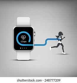 Fitness tracker application for smart watch concept with heart monitor and silhouette of running or jogging person. Eps10 vector illustration.