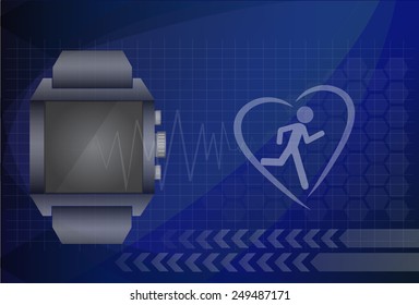Fitness tracker application for smart watch concept with heart monitor and silhouette of running or jogging person. Eps10 vector illustration.