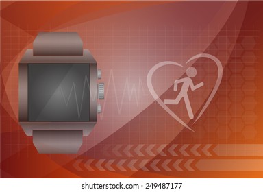 Fitness tracker application for smart watch concept with heart monitor and silhouette of running or jogging person. Eps10 vector illustration.