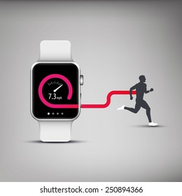 Fitness tracker application for smart watch concept with speed measurement application and silhouette of running or jogging person. Eps10 vector illustration.