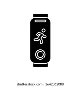Fitness tracker black glyph icon. Wearable gadget. Physical activity monitoring. Sport wrist band. Heart rate recorder. Silhouette symbol on white space. Vector isolated illustration