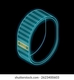 Pulseira de rastreamento de fitness brilhando em fundo preto mostrando passos
