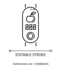 Fitness tracker with calories counter linear icon. Wellness device with nutrition monitoring, meal notification option. Thin line illustration. Vector isolated outline drawing. Editable stroke