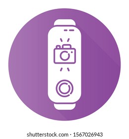 Fitness tracker with camera on display violet flat design long shadow glyph icon. Trendy wellness gadget with instant photo option. Device with distance camera control. Vector silhouette illustration