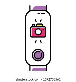Fitness tracker with camera on display color icon. Trendy wellness gadget with instant snapshot photo option. Modern device with distance camera control. Isolated vector illustration