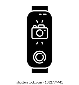 Fitness tracker with camera on display glyph icon. Wellness gadget with photo option. Modern device with distance camera control. Silhouette symbol. Negative space. Vector isolated illustration