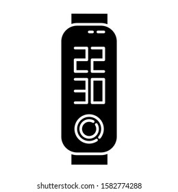 Fitness tracker clock function glyph icon. Modern wellness equipment with time measurement. Active lifestyle device with smartwatch. Silhouette symbol. Negative space. Vector isolated illustration