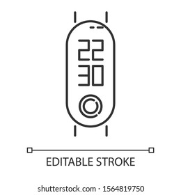 Fitness tracker clock function linear icon. Wellness equipment with time control option. Digital smartwatch. Thin line illustration. Contour symbol. Vector isolated outline drawing. Editable stroke
