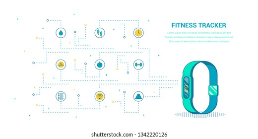 Fitness tracker concept banner design. Infographic template with icons. Flat style line art illustration.