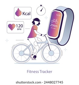 Fitness tracker concept. Cyclist using fitness tracker for health stats and activity levels. Technology meets exercise in everyday life. Vector illustration.