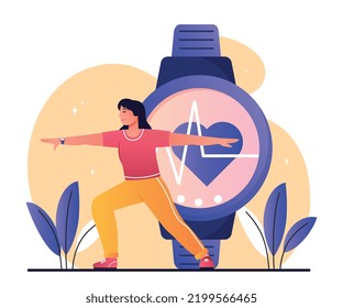 Fitness tracker concept. Girl goes in for sports on background of smart watch. Modern technologies, digital world, gadgets and devices for athletes and sportsmans. Cartoon flat vector illustration