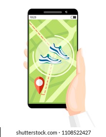 Fitness tracker concept. Smartphone mobile app shows way. Wristband with steps counter. Vector illustration on background texture. Place for your text. Website page design.