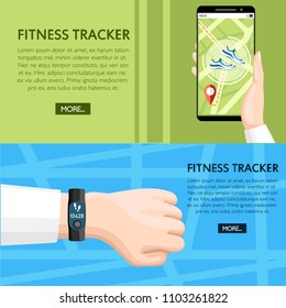 Fitness tracker concept. Sport bracelet on hand. Smartphone mobile app shows way. Wristband with steps counter. Vector illustration on background texture. Place for your text. Website page design.