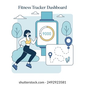 Concepto de panel de control de fitness. Mujer que participa en un estilo de vida saludable con el conteo digital de pasos. Seguimiento del progreso del ejercicio, navegación por rutas. Ilustración vectorial.